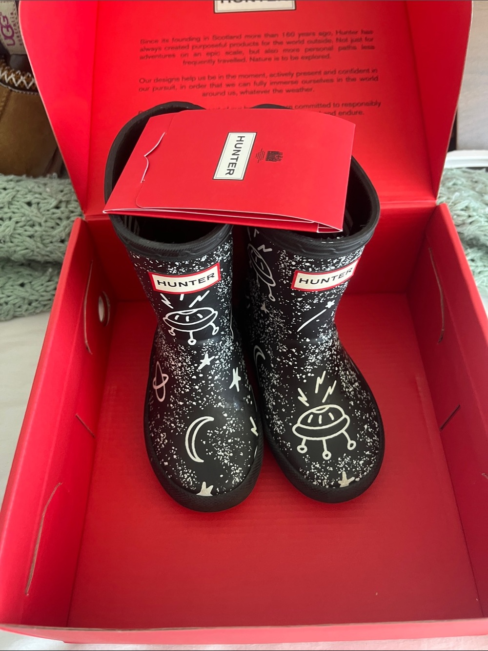 Hunter Black Kids Rain Boots with White Alien & Moon Graphics